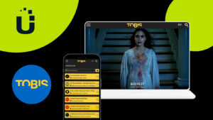 Image with a black background. The usheru logo is in the top left corner over a green circle. Below it is the Tobis logo, also in a green circle. To its right is an image of a computer and a phone showing the Tobis website.