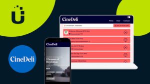 Image with a black background. The usheru logo is in the top left corner over a green circle. Below it is the CineDeli logo, also in a green circle. To its right is an image of a computer and a phone showing the CineDeli website.