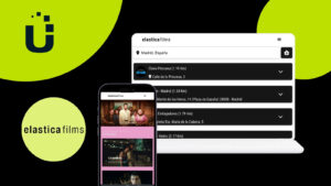 Image with a black background. The usheru logo is in the top left corner over a green circle. Below it is the Elastica Films logo, also in a green circle. To its right is an image of a computer and a phone showing the Elastica Films website.