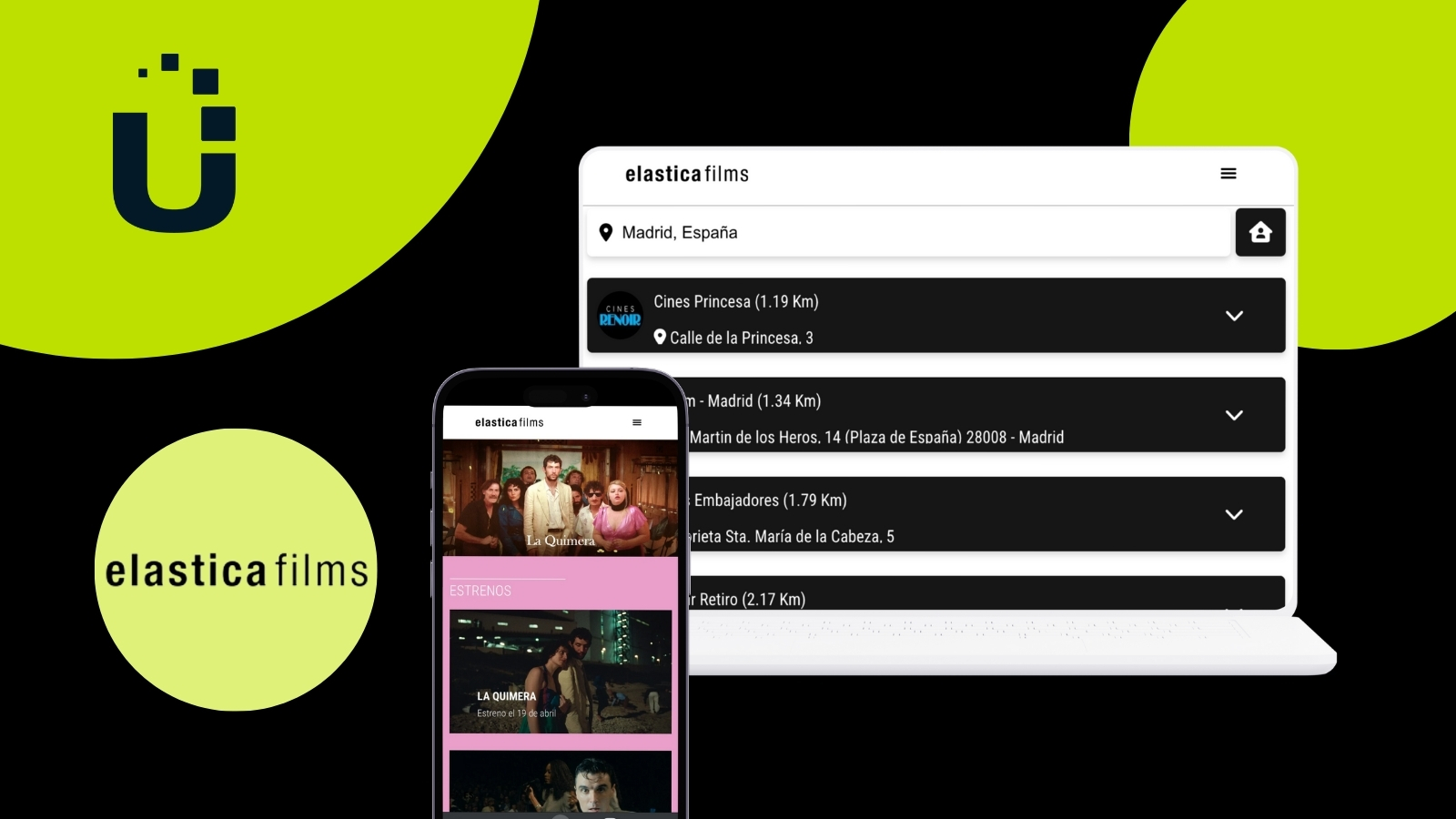 Image with a black background. The usheru logo is in the top left corner over a green circle. Below it is the Elastica Films logo, also in a green circle. To its right is an image of a computer and a phone showing the Elastica Films website.