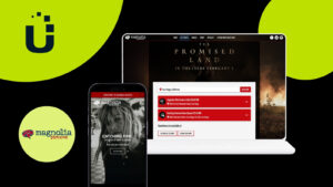 Image with a black background. The usheru logo is in the top left corner over a green circle. Below it is the Magnolia Pictures logo, also in a green circle. To its right is an image of a computer and a phone showing the Magnolia Pictures website.
