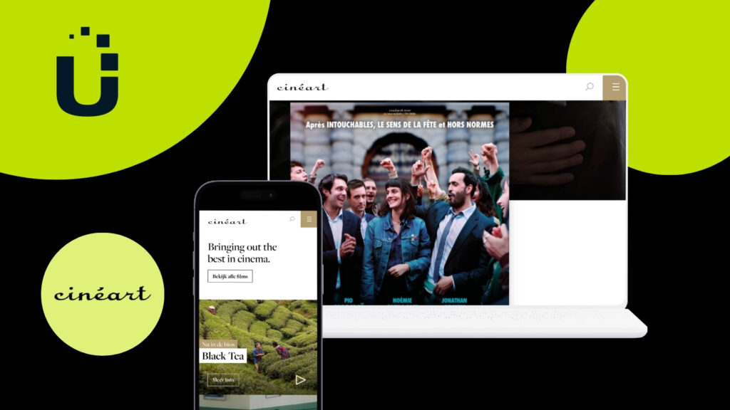Image with a black background. The usheru logo is in the top left corner over a green circle. Below it is the Cineart logo, also in a green circle. To its right is an image of a computer and a phone showing the Cineart website.