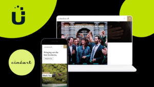 Image with a black background. The usheru logo is in the top left corner over a green circle. Below it is the Cineart logo, also in a green circle. To its right is an image of a computer and a phone showing the Cineart website.