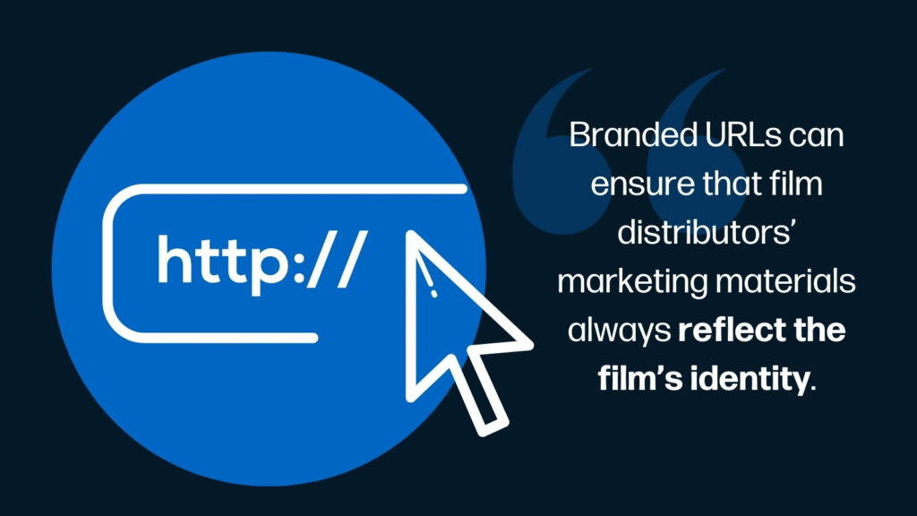 Blue circle with a mouse hovering over the start of a url link. On the right is a quote from the article saying "Branded URLs can ensure that film distributors’ marketing materials always reflect the film’s identity."