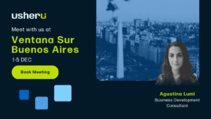 Promotional graphic announcing Usheru’s attendance at Ventana Sur in Buenos Aires, featuring Agustina Lumi as the company’s representative